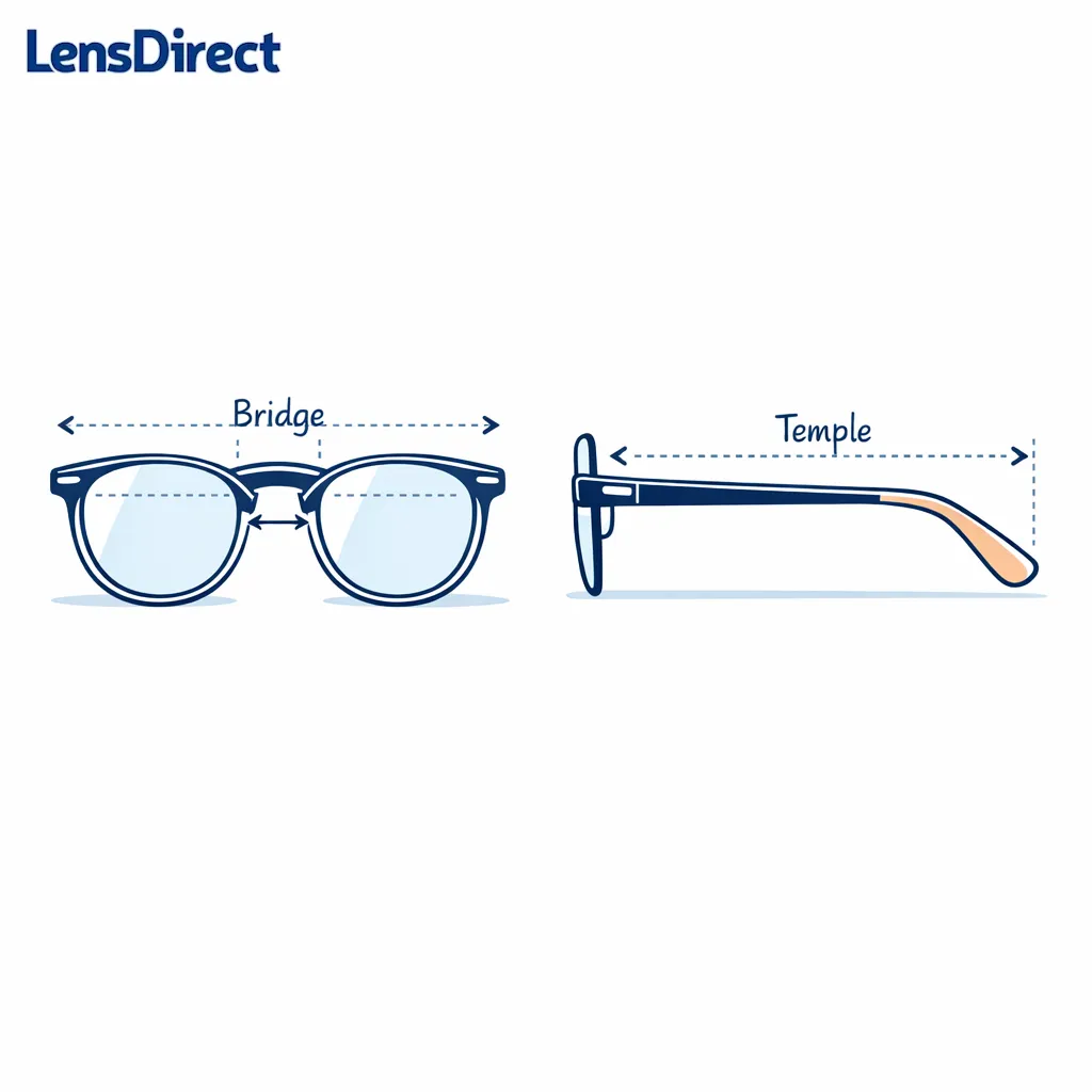 A glasses frame diagram highlights width, bridge, and temple measurements with minimal labels.