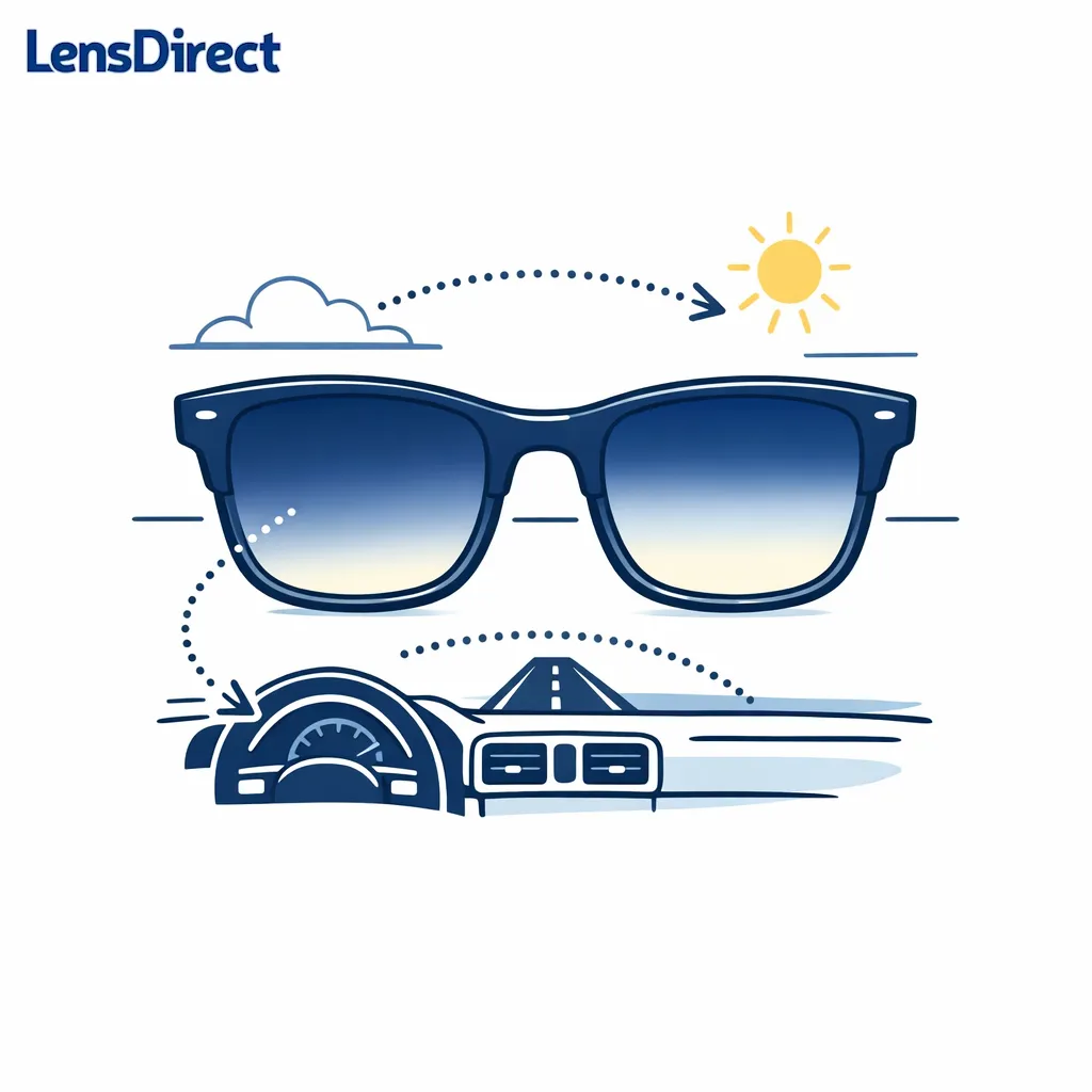 A gradient lens diagram shows bright sky above and a clearer dashboard view below for commuting.