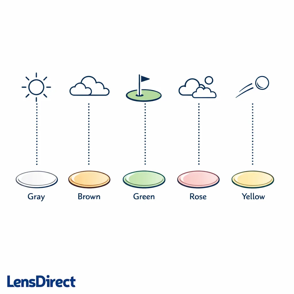 A clean decision flowchart guides golfers to gray, brown, rose, green, or yellow tints by conditions and goals.