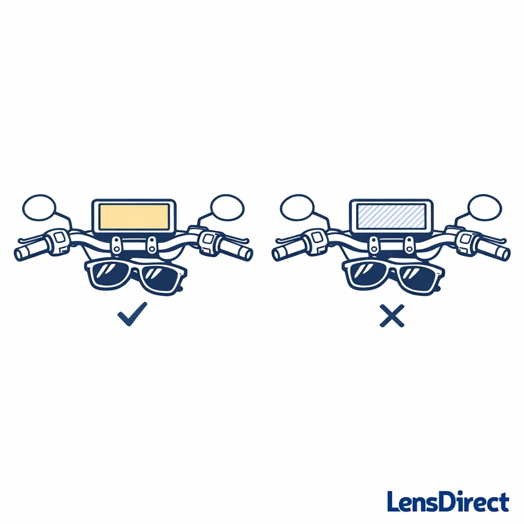 Minimal diagram showing a motorcycle LCD screen and sunglasses at an angle where polarization can dim the display.