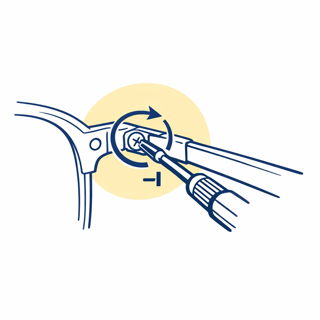 A small screwdriver turning a hinge screw with a subtle stop indicator to suggest tightening without overdoing it.