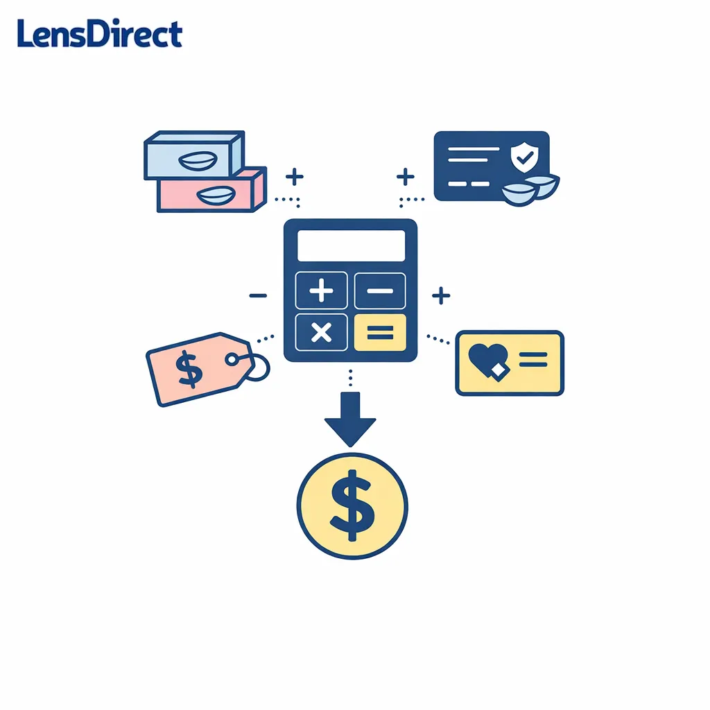 A central calculator and contact lens boxes illustrate box cost minus rebates, benefits, and discounts for net annual cost.