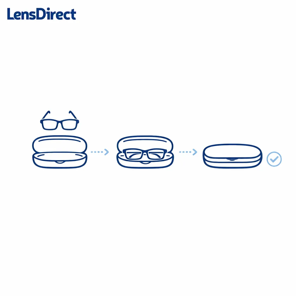 A three-step visual shows glasses moving from hand to open case to closed case for safe storage.