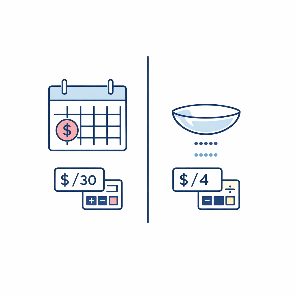 A monthly calendar, contact lens icon, and small divider graphic explain cost per month versus cost per wear day.