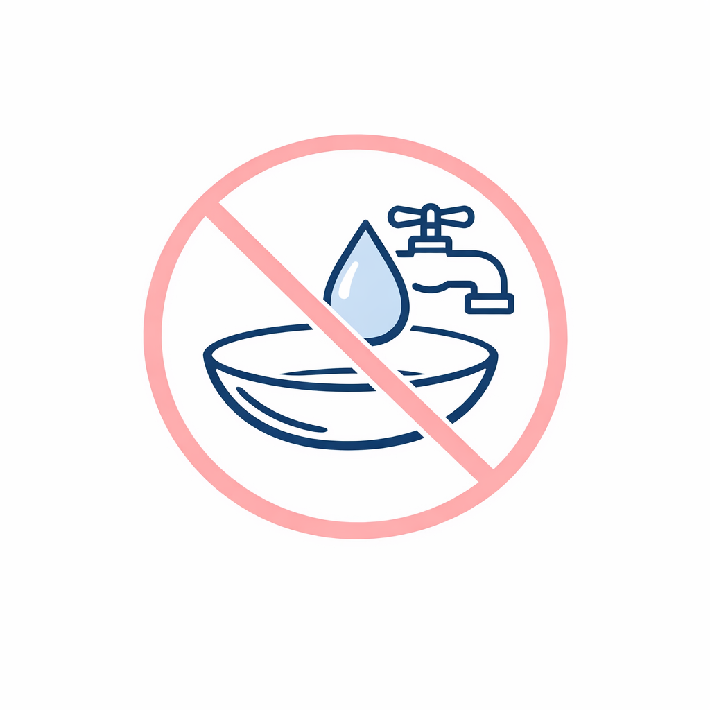 A contact lens icon shown with a clear no-water symbol to discourage rinsing with tap or swimming water.