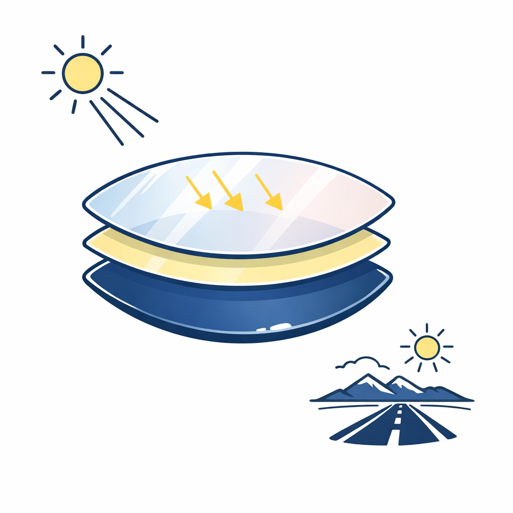 A mirrored lens illustration explains that mirror coating is an add-on for very bright driving conditions.