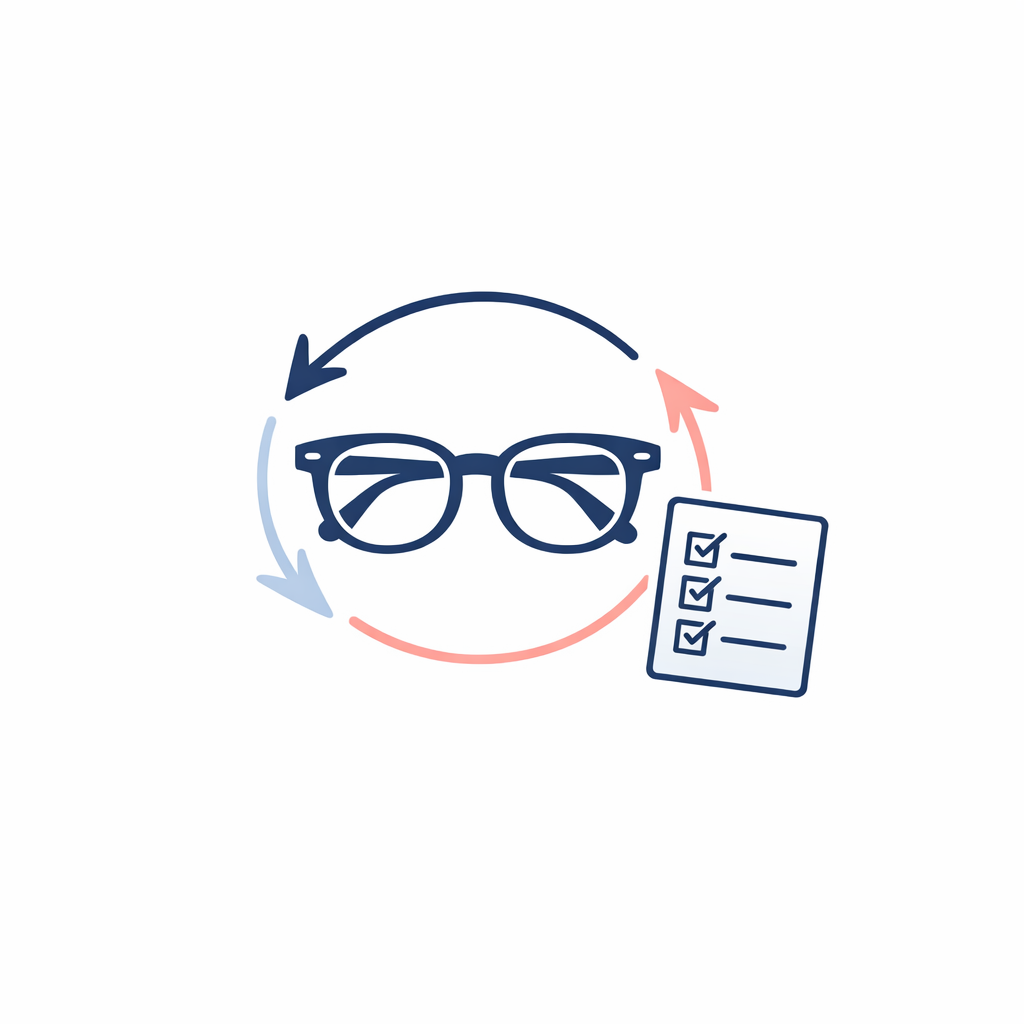 Circular arrows around eyeglasses suggest easy returns, exchanges, and remakes.
