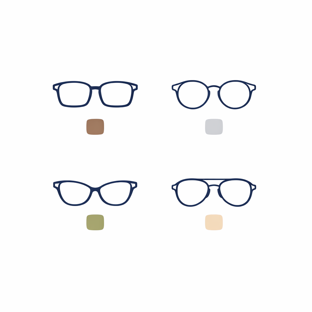 Sophisticated frame color chips and glasses showcase espresso, smoke crystal, olive, and champagne tones.
