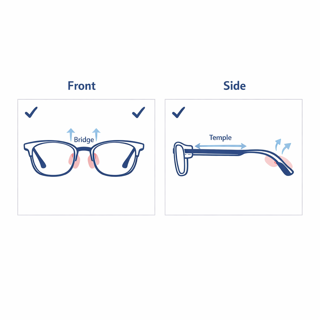 A simple two-panel diagram for front and side fit checks with centered glasses icons and minimal labels on white.