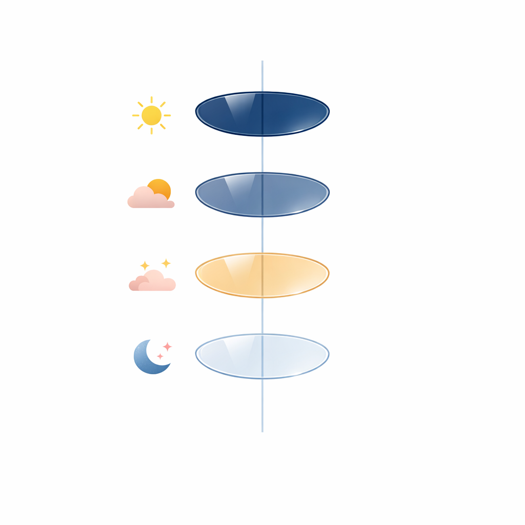 A clean VLT scale with four lens swatches from dark to clear for daytime to night riding.