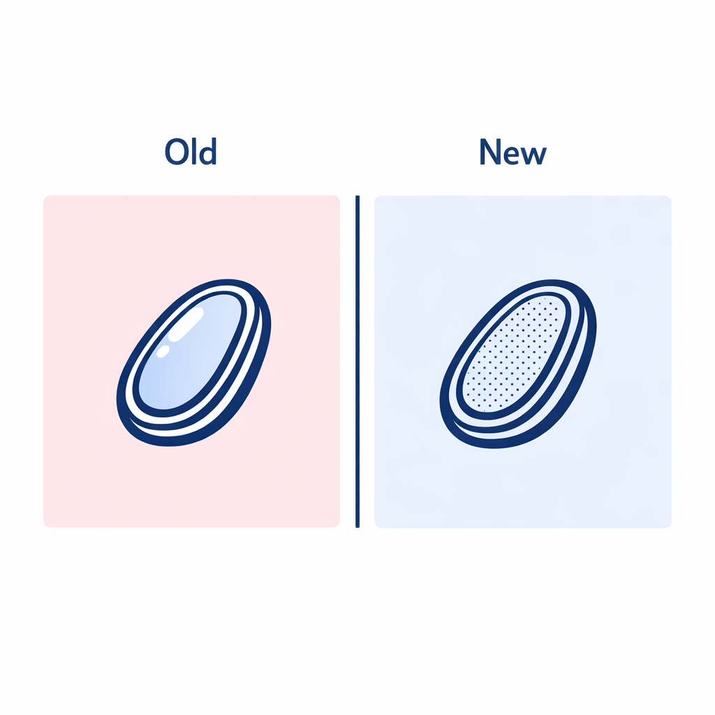 Side-by-side nose pads comparing a glazed worn pad to a soft textured replacement for better grip.