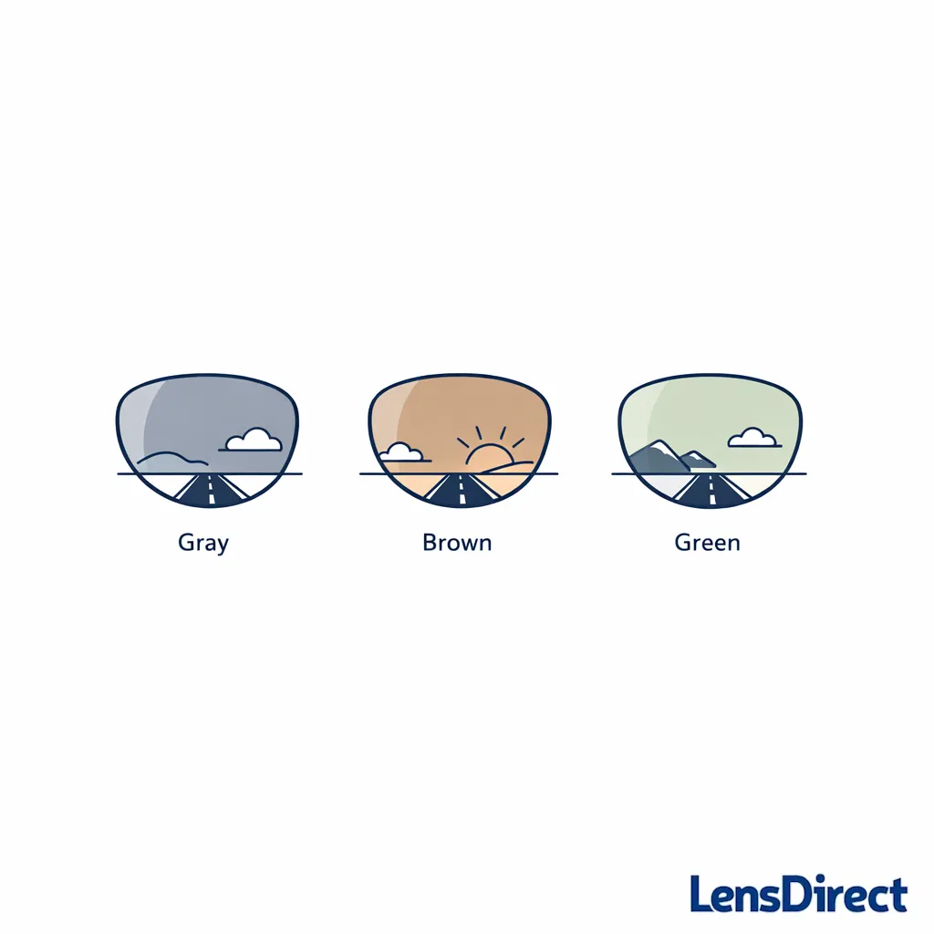 Three tinted lens samples compare gray, brown, and green with subtle road and sky color cues.