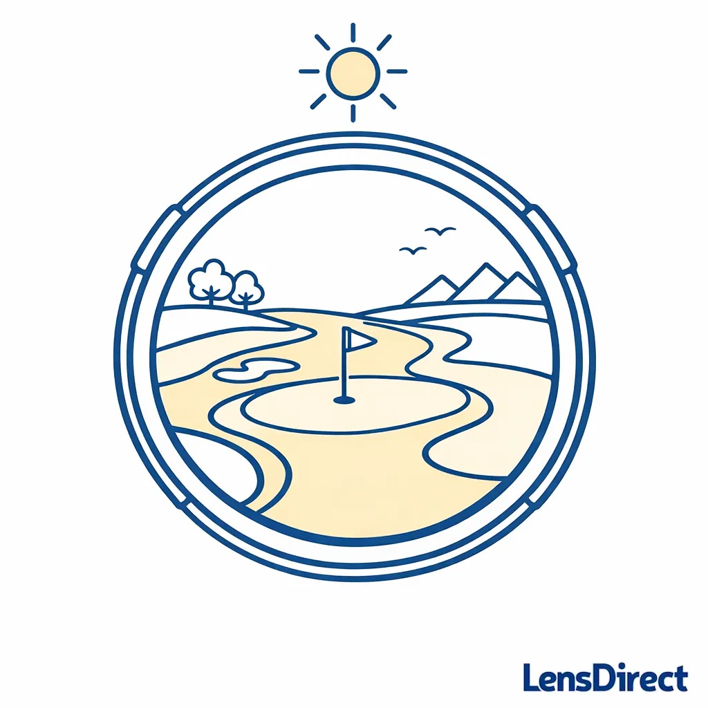 An amber lens overlay increases separation between fairway, rough, and shadows in a bright scene.