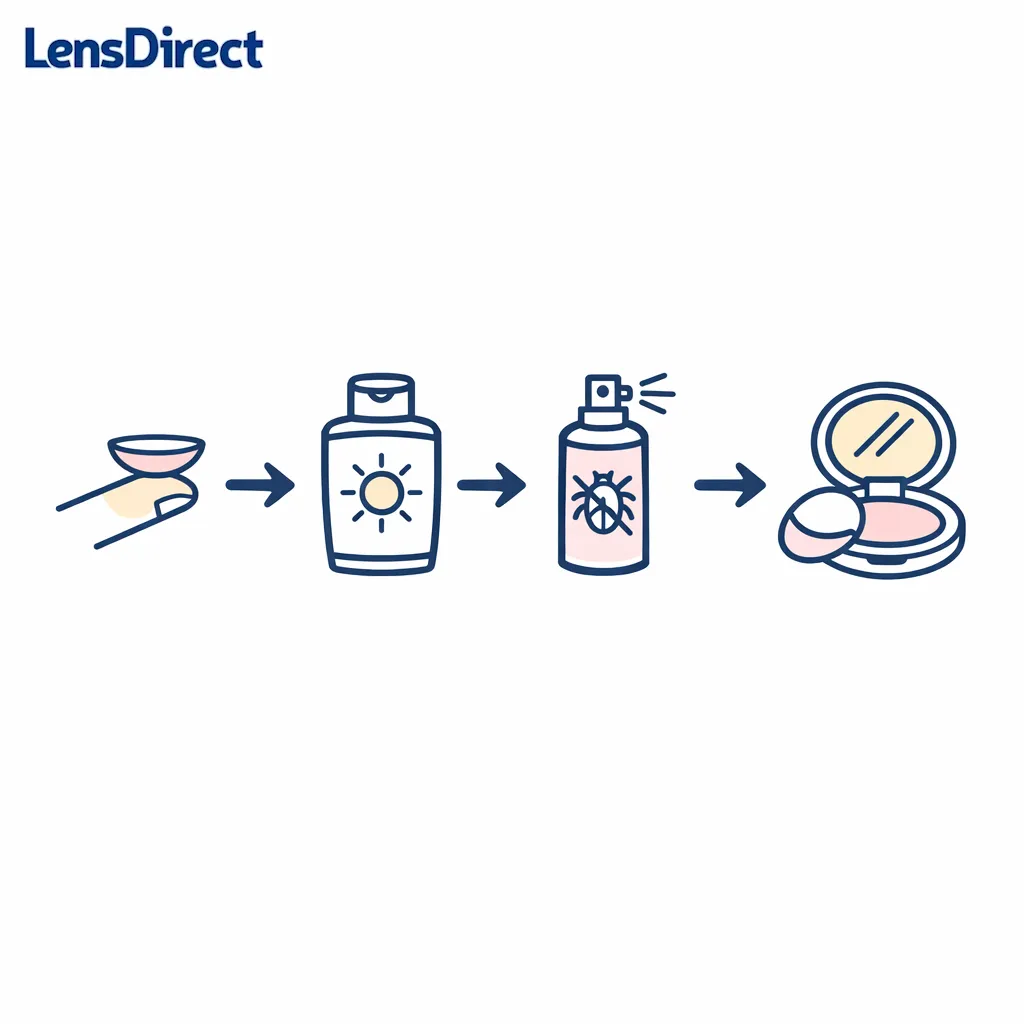 A simple sequence showing contact lenses going in before sunscreen, bug spray, and makeup near the eye area.