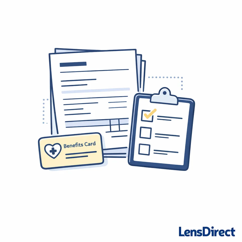 An invoice, card, and checklist visualize insurance reimbursement for online glasses purchases.