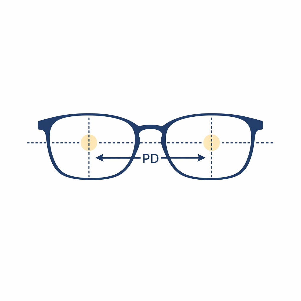 A minimal diagram showing PD measurement and lens optical centering using dotted lines across a glasses frame on white.