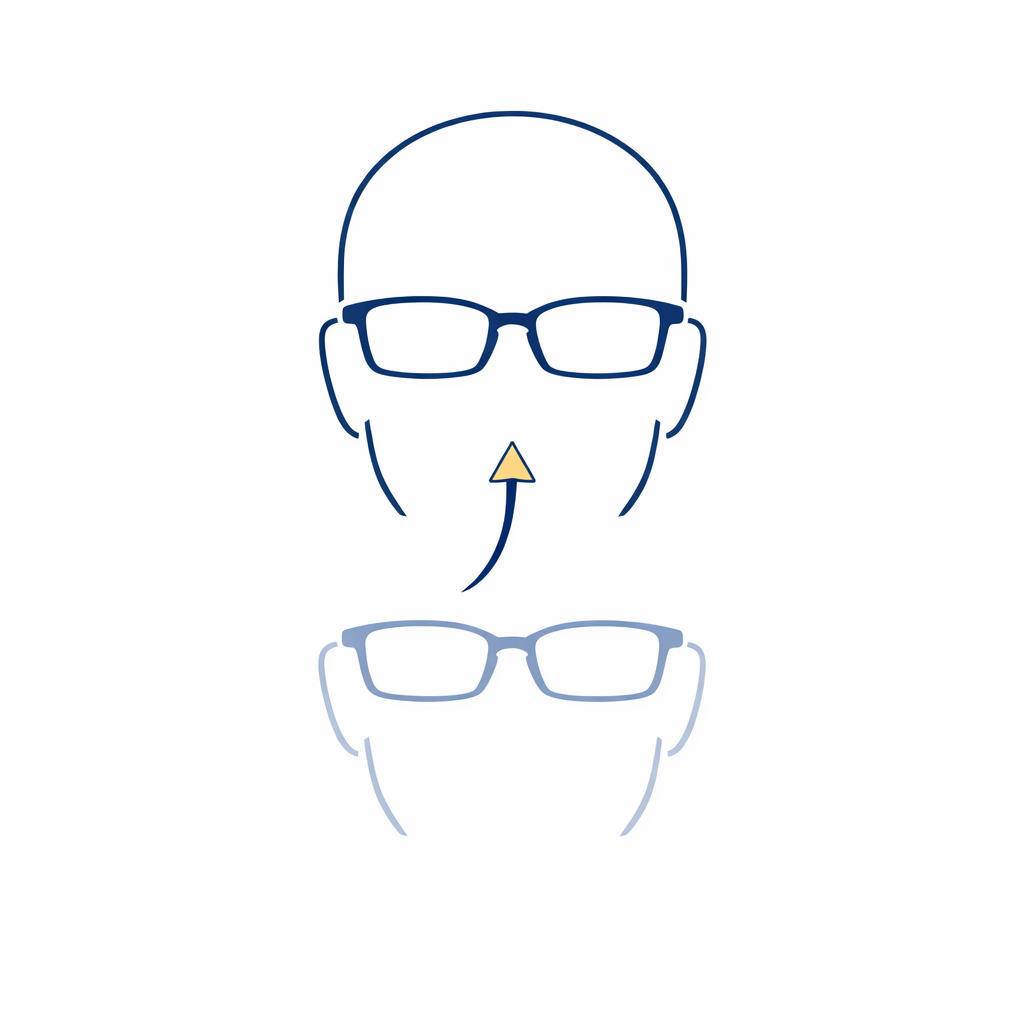Simple face outline with glasses and an upward arrow showing frames pushed to a better position.