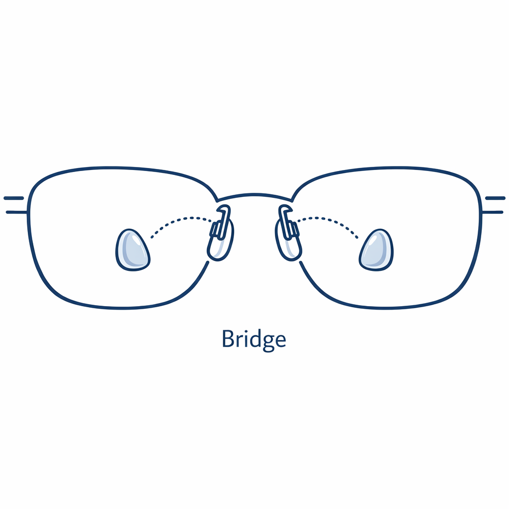 A metal-frame sunglasses bridge with replaceable silicone nose pads shown as easy swap components.