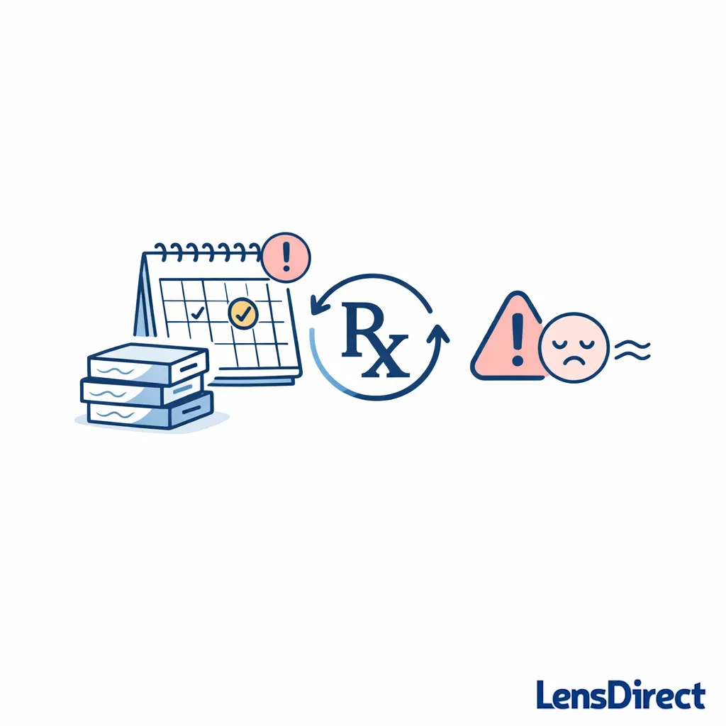 A caution-themed line illustration shows unused contact lens boxes, an upcoming exam, and a changing prescription risk.