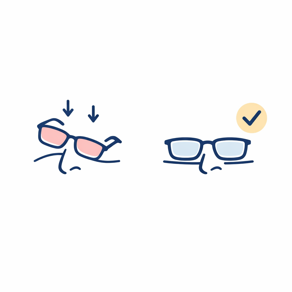 Comparison of glasses sliding down a nose bridge versus glasses sitting level and stable.