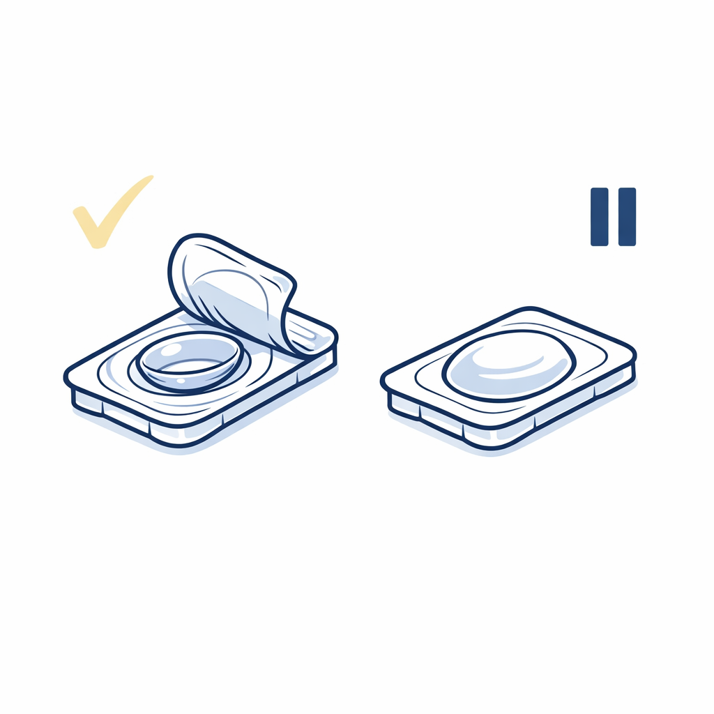 Two lens blister packs shown with only one opened at a time to prevent left-right confusion while traveling.