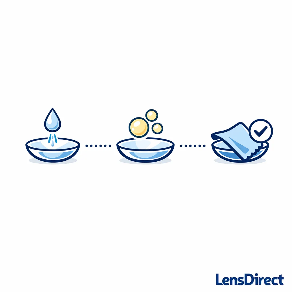 A clean three-step diagram shows rinsing, gentle soap, and microfiber drying for safe lens cleaning.