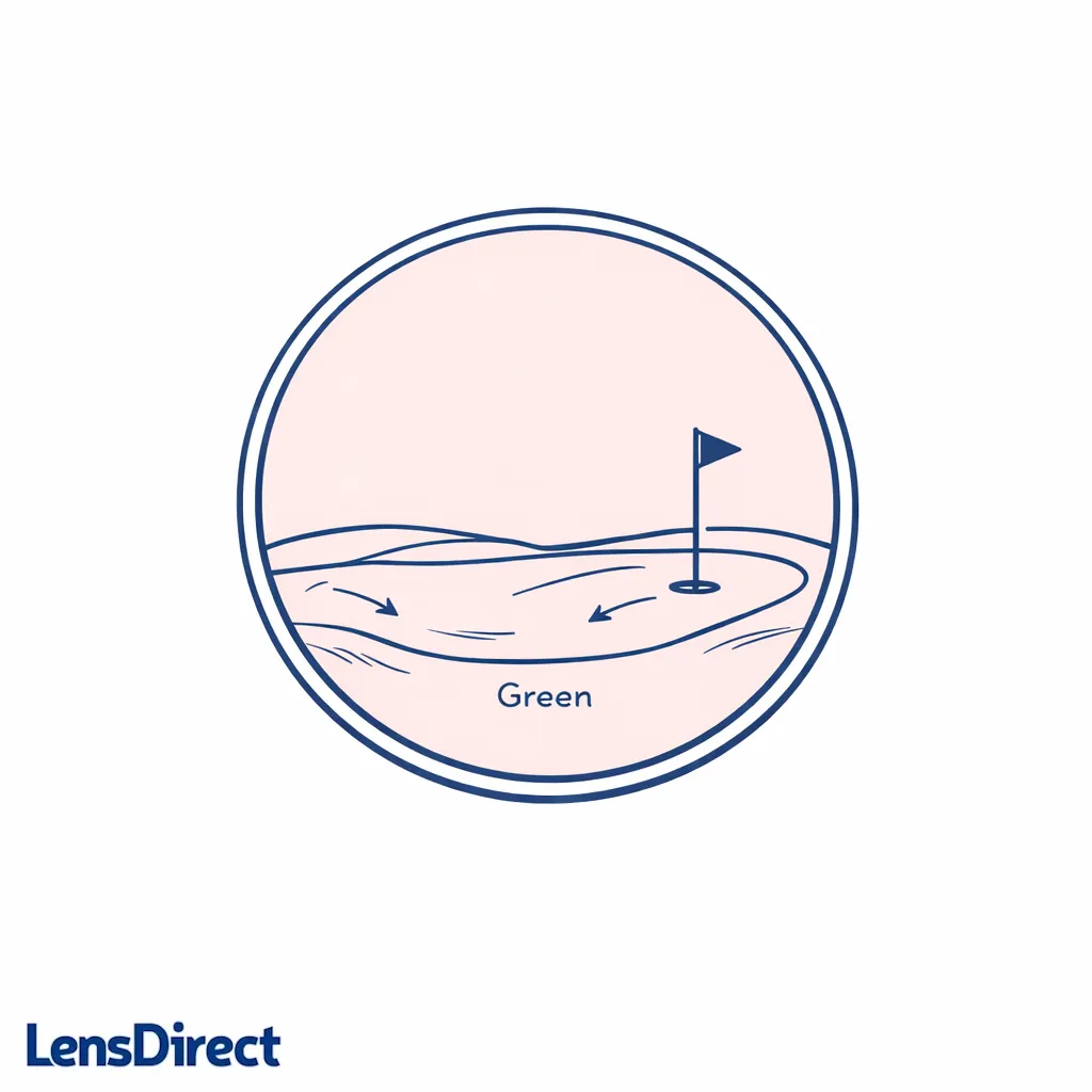 A rose-tinted lens highlights subtle green break arrows and texture lines for putting detail.