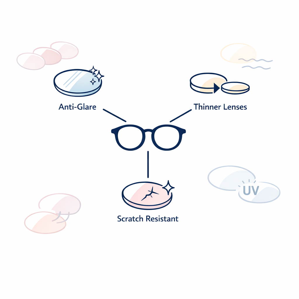 A simple decision graphic highlights lens upgrades that improve comfort over unnecessary add-ons.