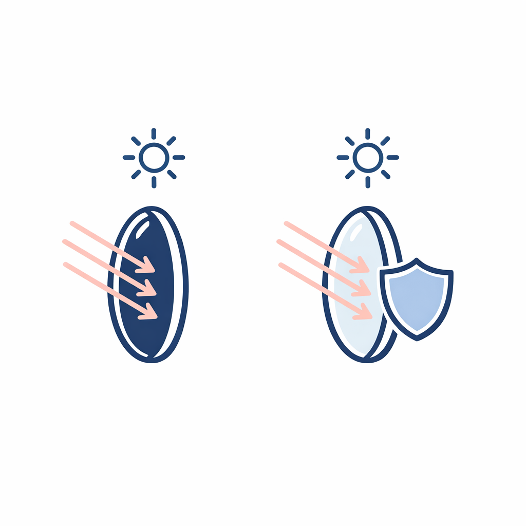 Diagram showing a dark lens without UV block versus a lighter lens with UV block, using UV rays and shields.