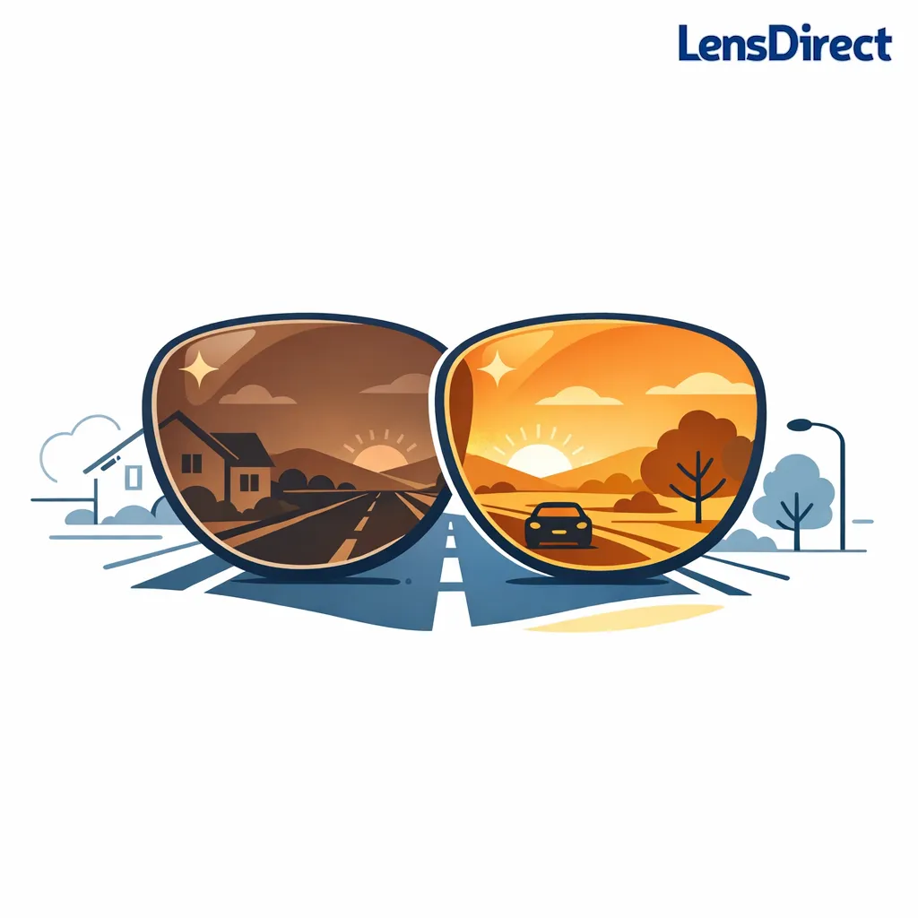 A warm-toned lens concept suggests richer road contrast and comfort in bright daytime driving.