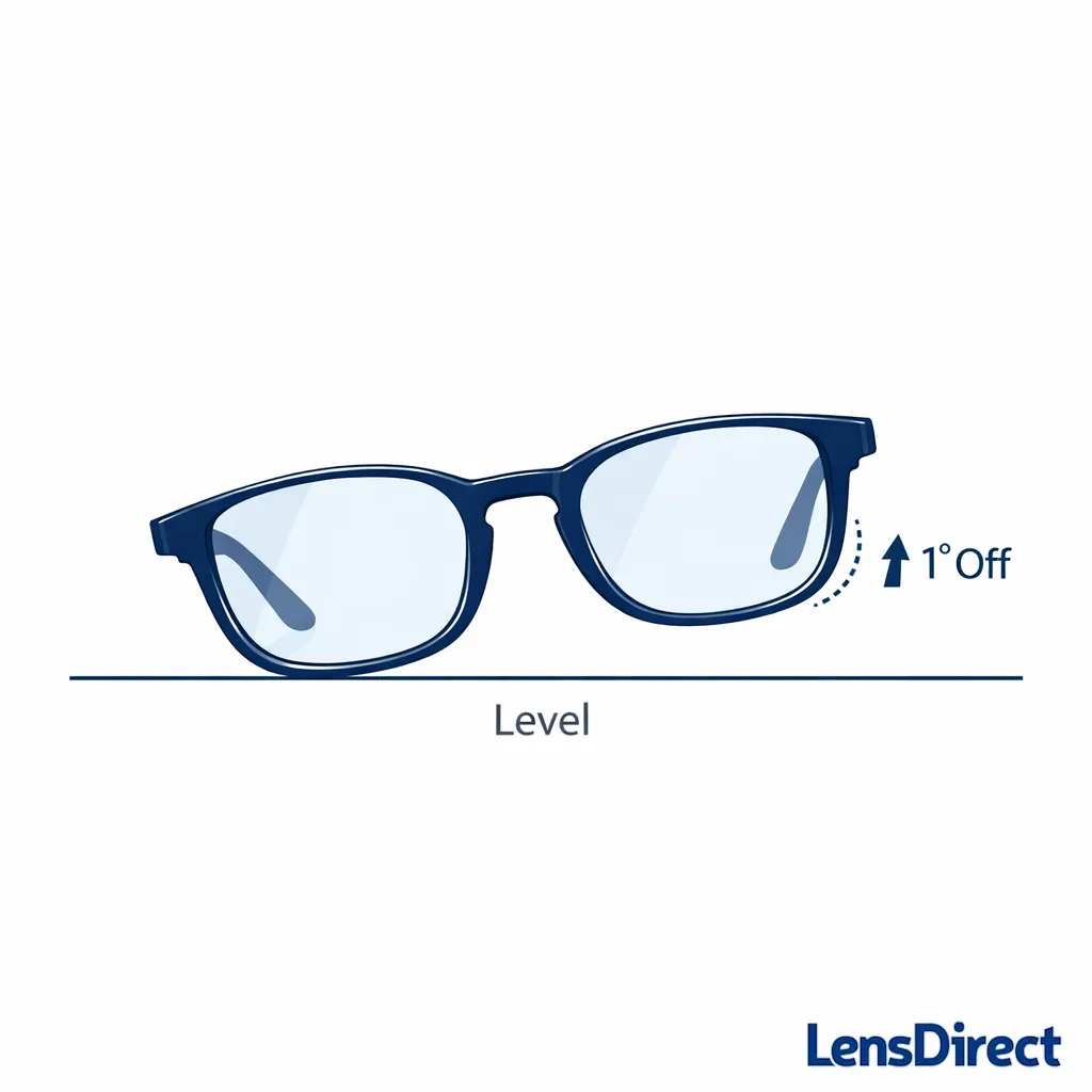 Front view glasses slightly tilted with a level line showing misalignment between lenses.