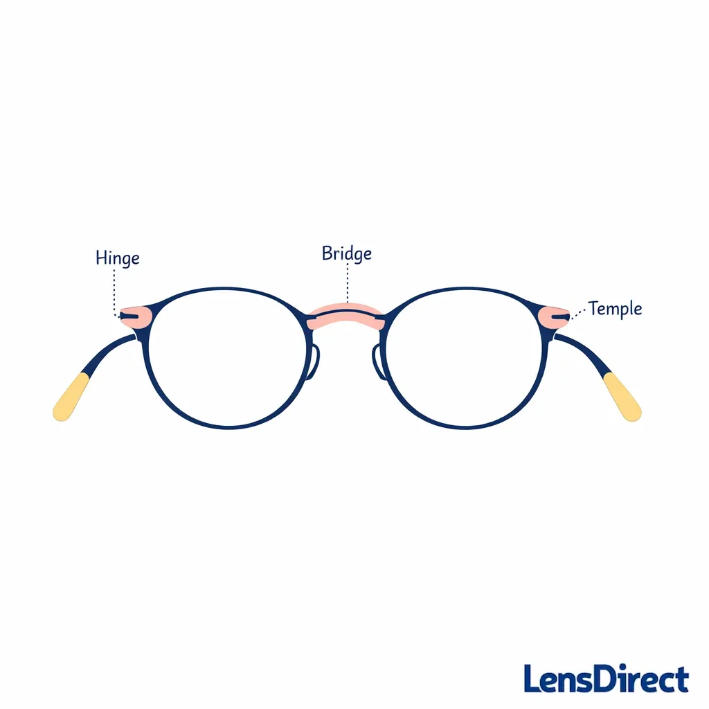 A glasses diagram highlighting typical break points like hinges and bridge with subtle colored accents on white.