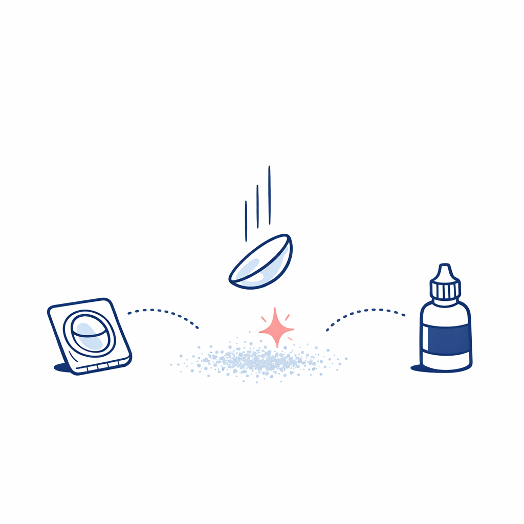 A dropped contact lens near a dusty surface with a clear cue to use a fresh lens or proper cleaning instead.