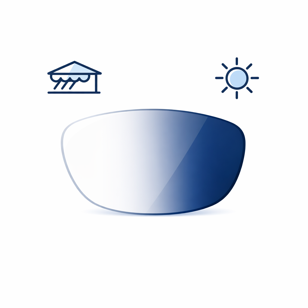 Single lens illustration transitioning from clear to dark across sun and shade icons to show photochromic change.