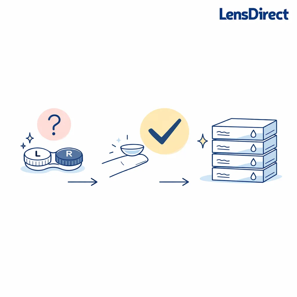 A calm line-art scene shows trial lenses, a comfort checkmark, and a larger order only after fit feels stable.