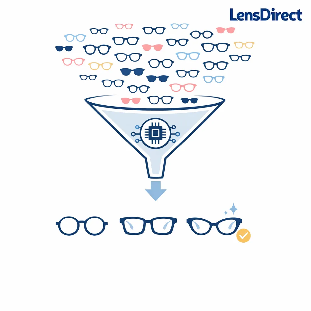 Minimal line art shows AI narrowing many eyeglass frames into a small confident shortlist.