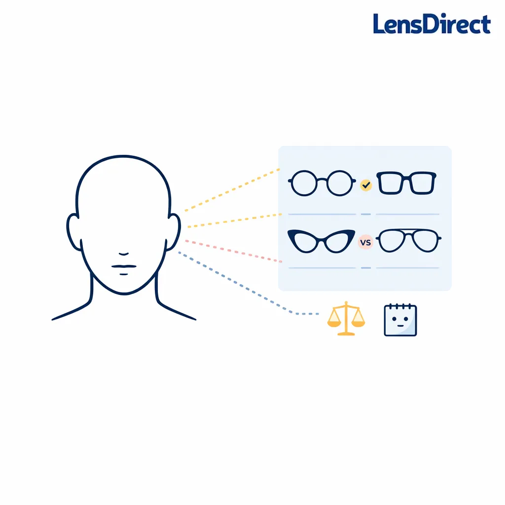 Minimal illustration of a face and four frame options showing AI as a helpful shortlist tool, not a final decision.