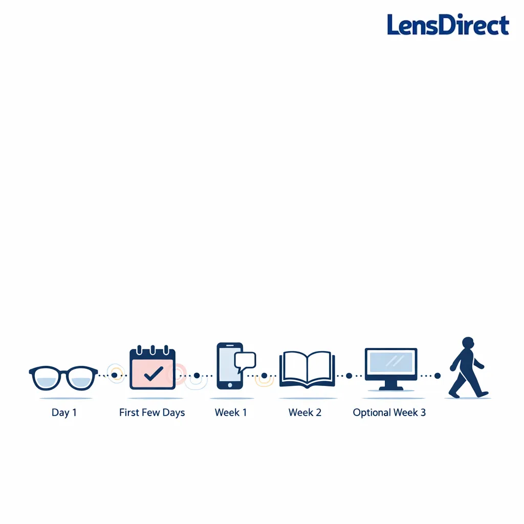 Minimal infographic showing the first days and one-to-two-week adjustment period for new bifocal wearers.