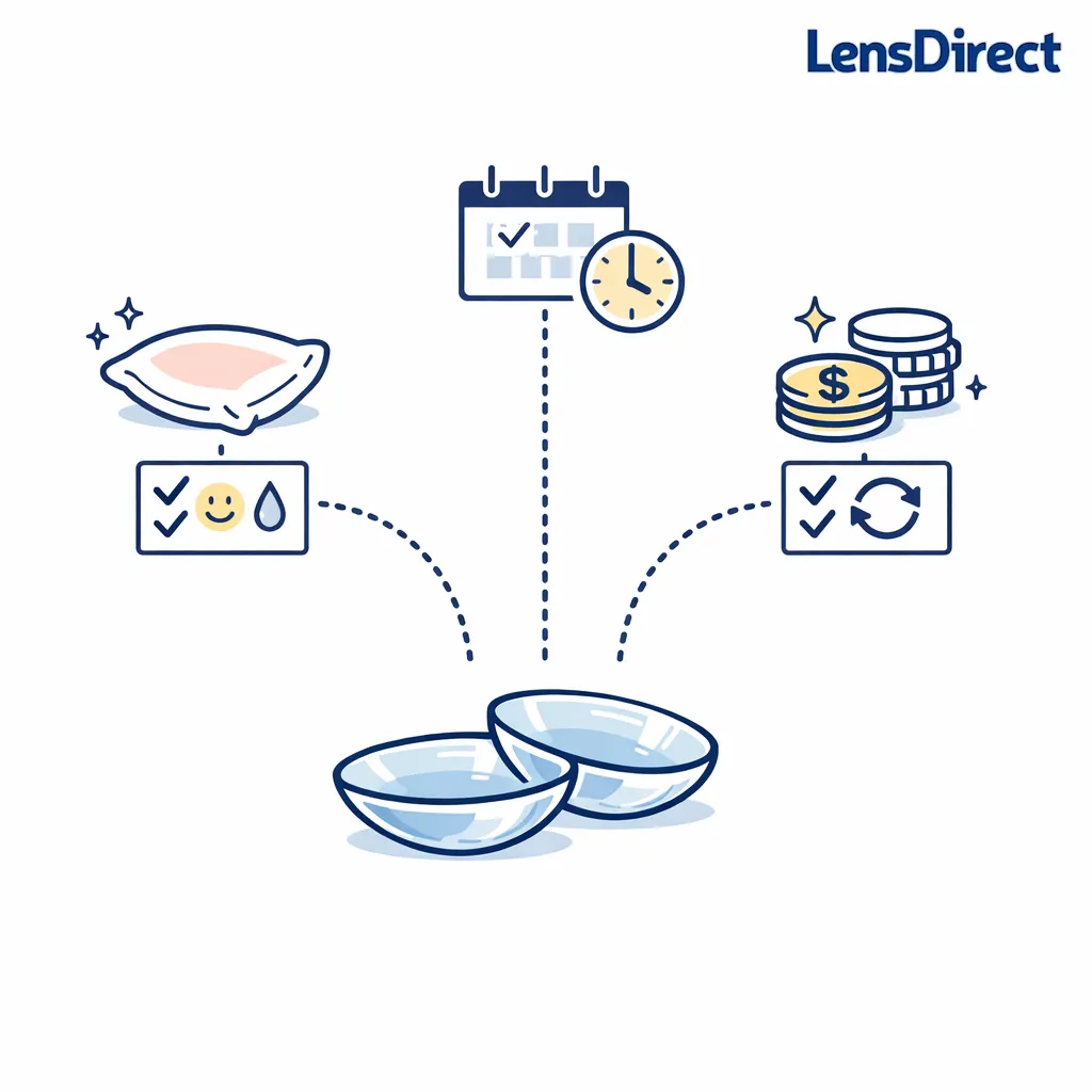 Minimal line art shows biweekly contact lenses compared by comfort, routine, and value in a clean centered layout.