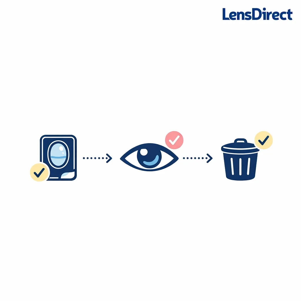 Minimal infographic showing a fresh daily lens routine from insert to discard on a white background.