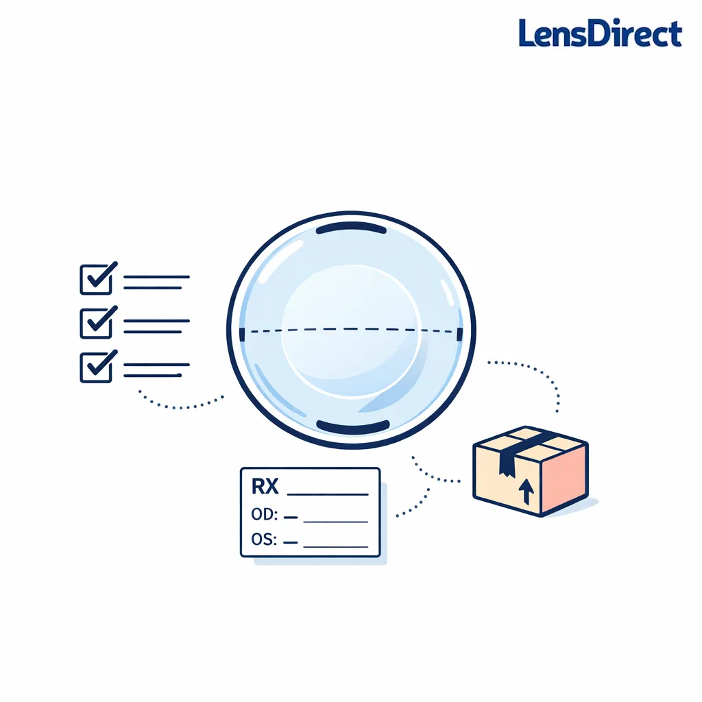 Minimal line art shows a daily toric lens, prescription fields, and a simple checklist on a white background.