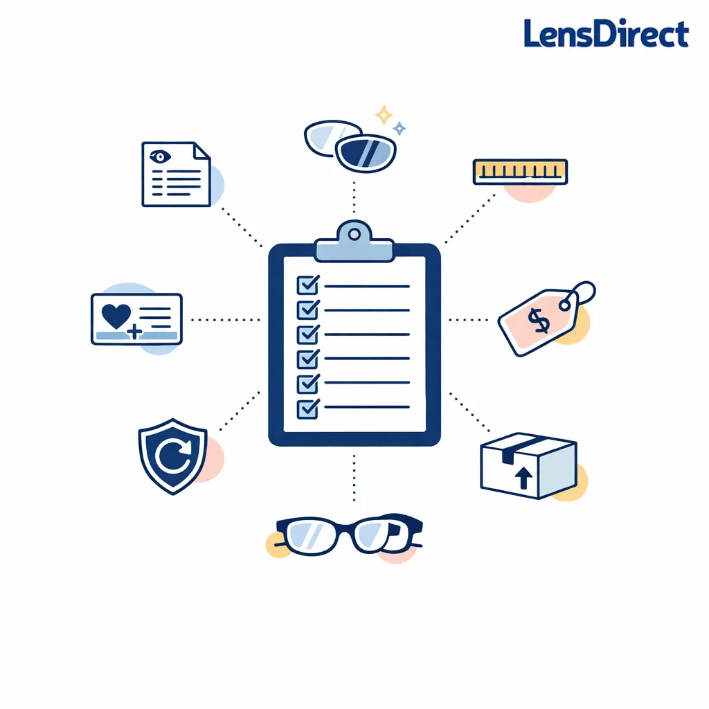 A centered checklist with eight eyewear buying checks arranged around simple glasses icons.