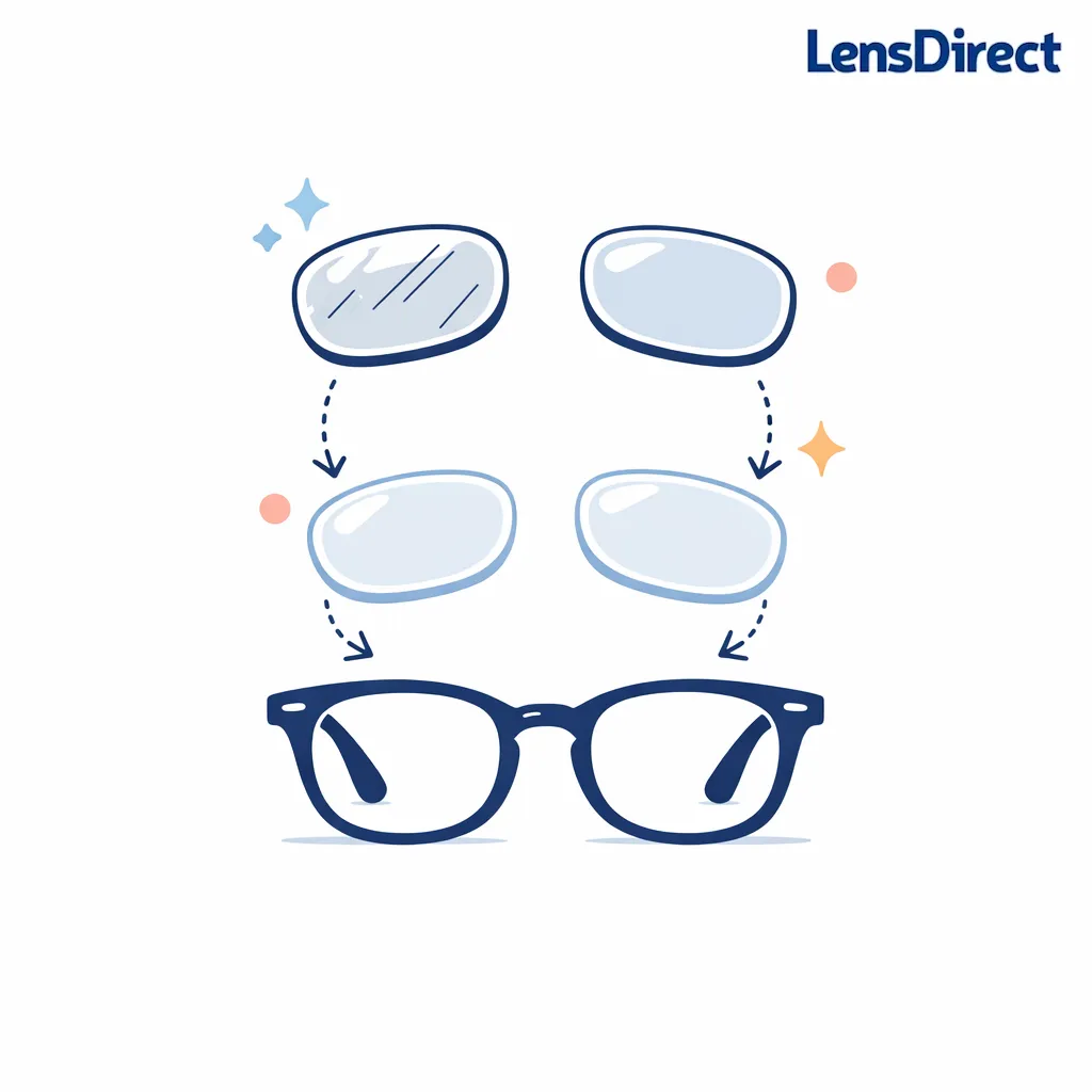 Minimal illustration of favorite eyeglass frames getting fresh lenses while staying intact.