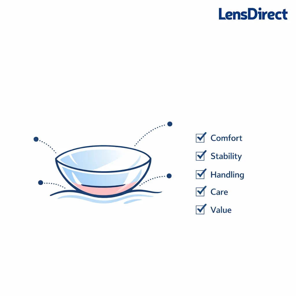 A centered checklist and toric lens diagram highlight comfort, stability, handling, care, and value on white.