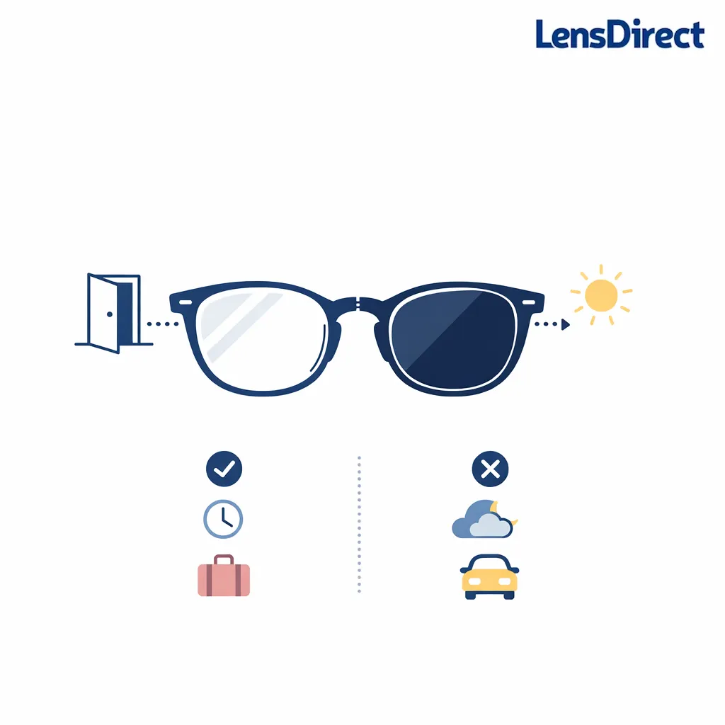Minimal line art shows one pair of glasses adapting from indoor clear to outdoor tinted use.