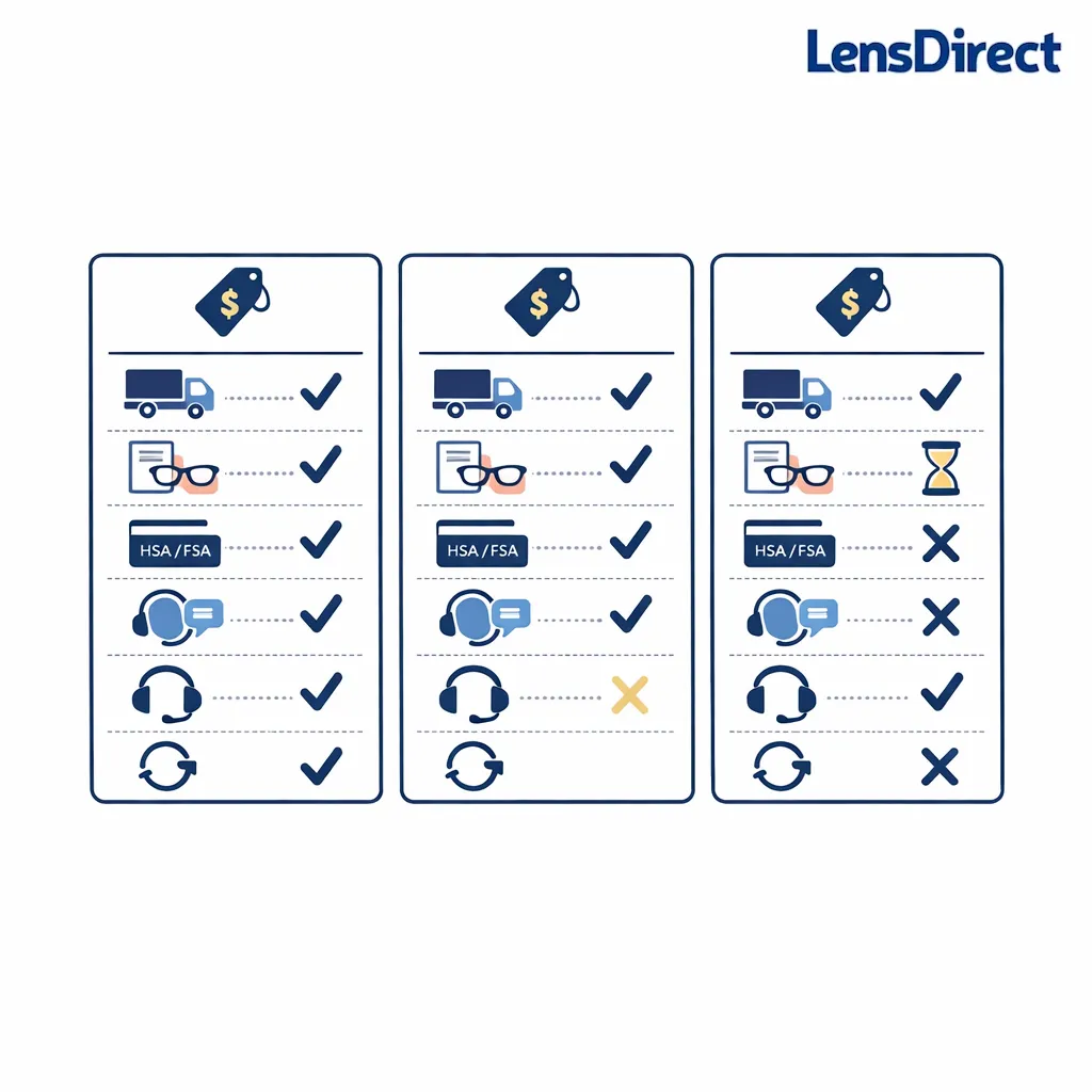 A clean comparison board shows pricing, shipping, prescription, and reorder factors for online contacts.