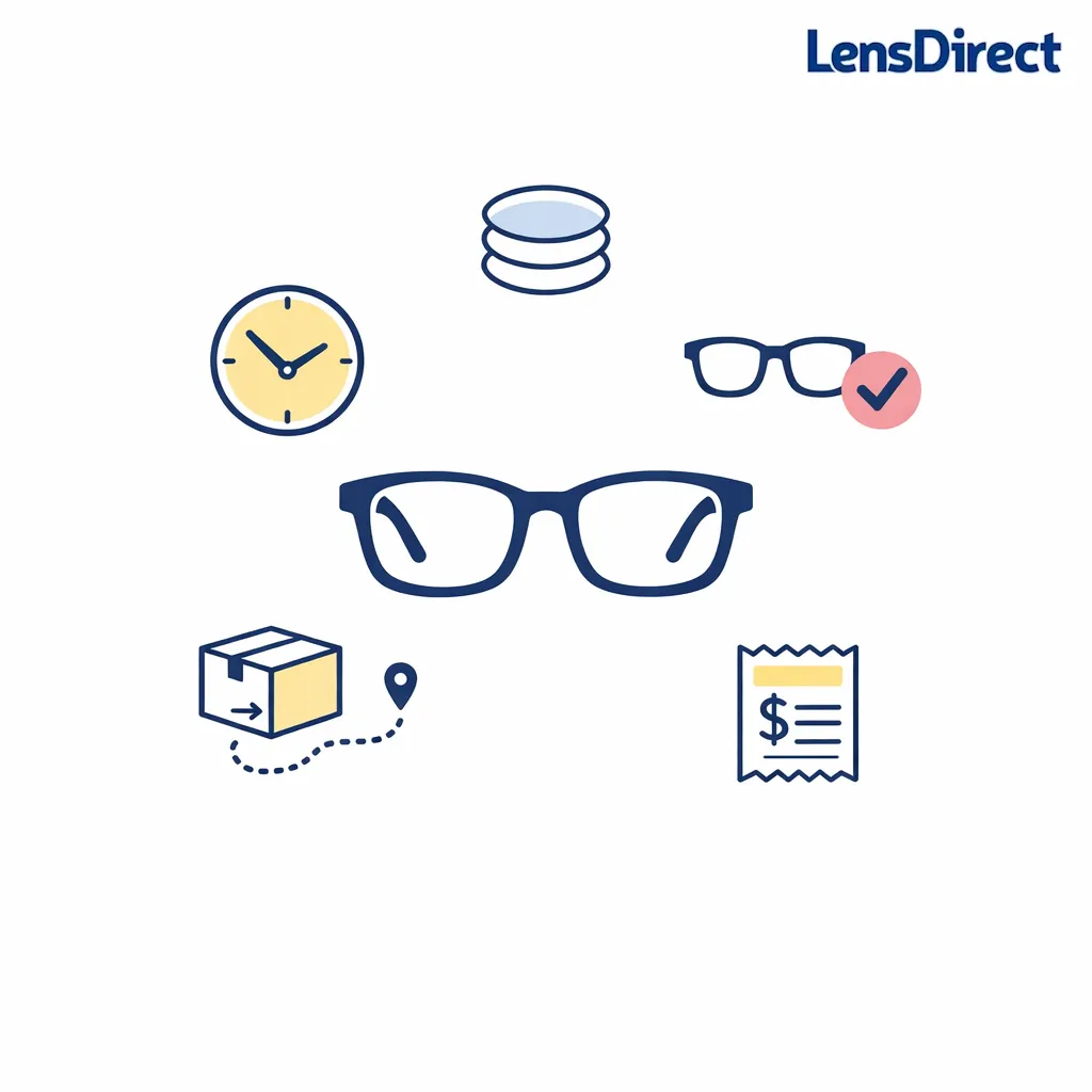 Minimal dashboard compares turnaround, lens options, frame eligibility, shipping, and value around a pair of glasses.