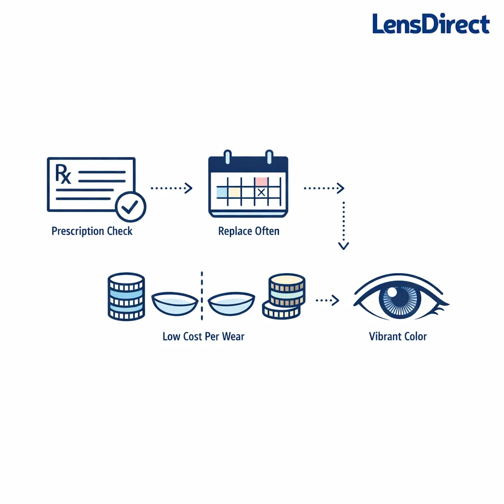 Minimal flowchart showing how to compare colored contacts by legitimacy, wear schedule, cost, and shade.
