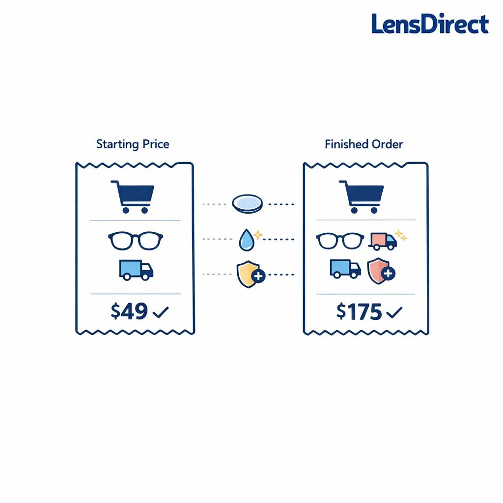 Minimal line art compares sticker price versus final glasses cost with clear add-ons on a white background.