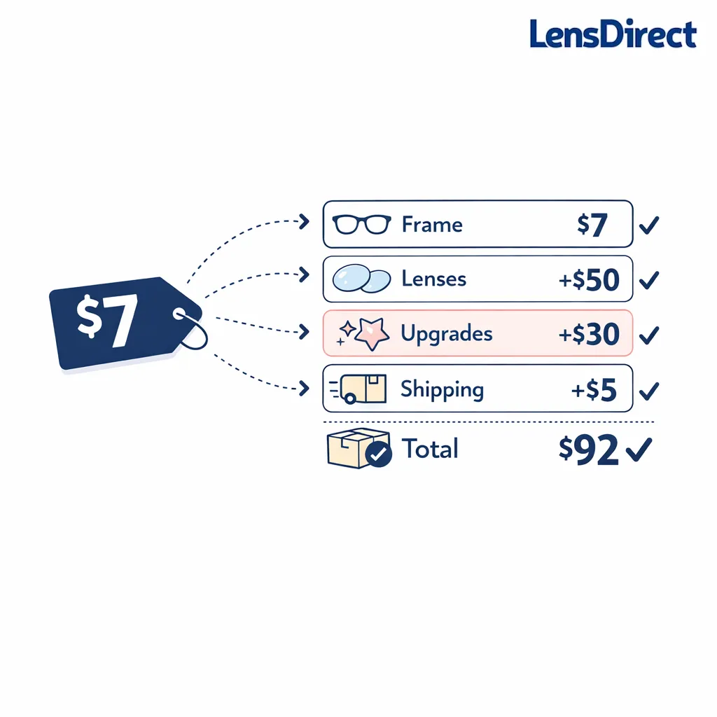 A minimal comparison graphic shows a cheap frame price expanding into lenses, upgrades, shipping, and final total.